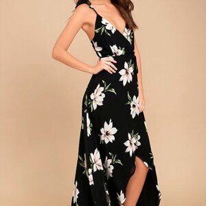 Lulus All Mine Dress Floral Wrap Maxi Dress High-Low Black Size XS
